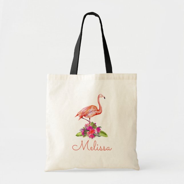 Tote Bag Flamant rose Monogramme personnalisé Tropical Cute (Devant)