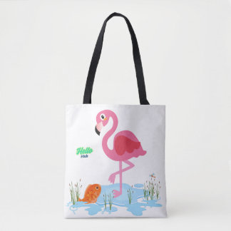 Tote Bag Flamant rose odant un poisson dans un étang