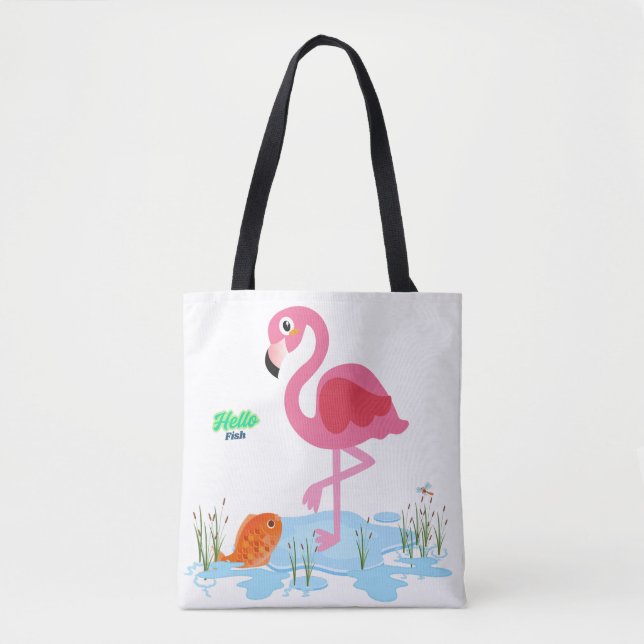 Tote Bag Flamant rose odant un poisson dans un étang (Devant)