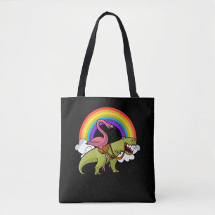Tote Bag Flamant rose Oiseau Riding T-Rex Dinosaur Arc en c