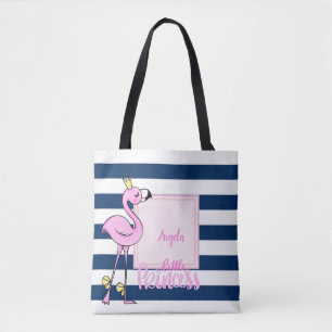 Tote Bag Flamant rose,rayures bleu marine,Petite Princesse