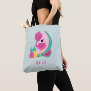 Tote Bag Flamant rose rose avec pastèque et ananas
