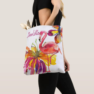 Tote Bag Flamant rose rose Fleurs tropicales Personnalisées