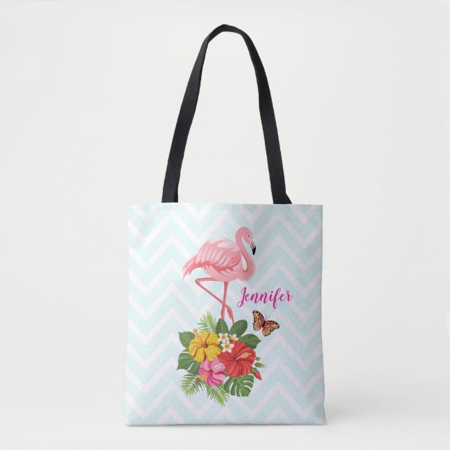 Tote Bag Flamant rose rose & Hibiscus Tropical Fancy (Devant)