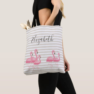Tote Bag Flamant rose rose mignon Nom personnalisé Tan Stri