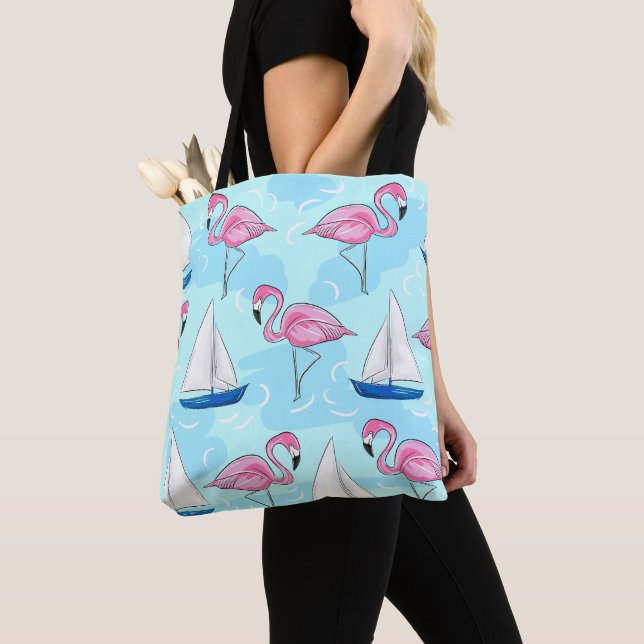 Tote Bag Flamant rose rose Preppy Blue Voilier (De près)