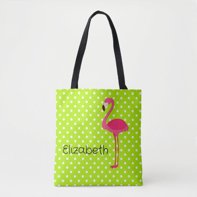 Tote Bag Flamant rose rose tropical sur Pois blancs verts (Devant)