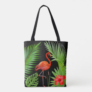 Tote Bag Flamant rose rouge, Hibiscus et Feuilles de palme 