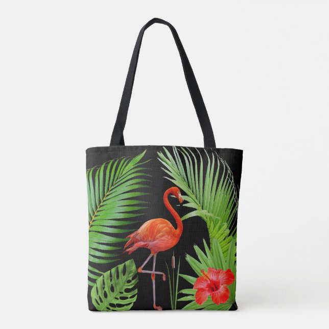 Tote Bag Flamant rose rouge, hibiscus et feuilles de palmie (Dos)