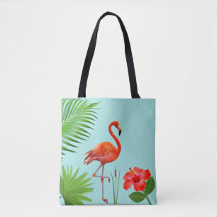 Tote Bag Flamant rose rouge, Hibiscus & Palm Tropical Feuil
