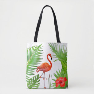 Tote Bag Flamant rose rouge, Hibiscus & Palm Tropical Feuil