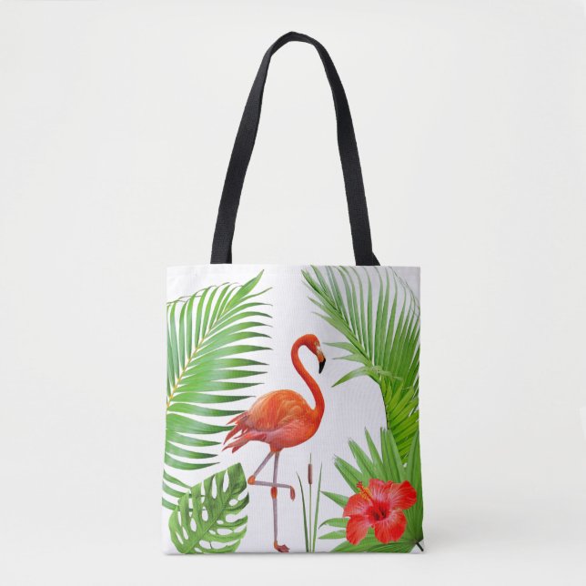 Tote Bag Flamant rose rouge, Hibiscus & Palm Tropical Feuil (Devant)