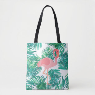 Tote Bag flamant rose sur feuilles verts tropicaux