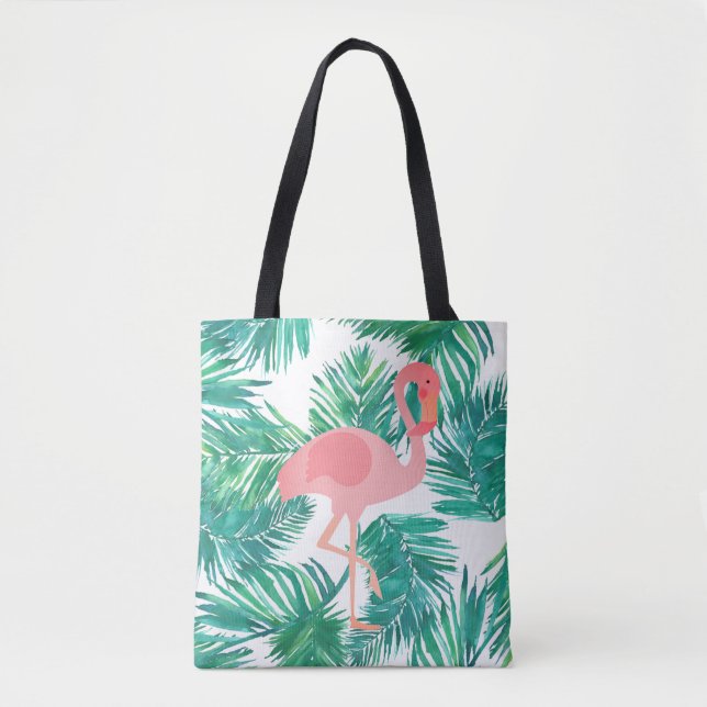 Tote Bag flamant rose sur feuilles verts tropicaux (Devant)