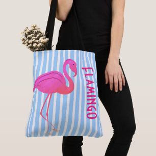 Tote Bag Flamant rose sur rayures bleues
