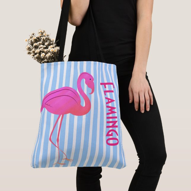 Tote Bag Flamant rose sur rayures bleues (De près)
