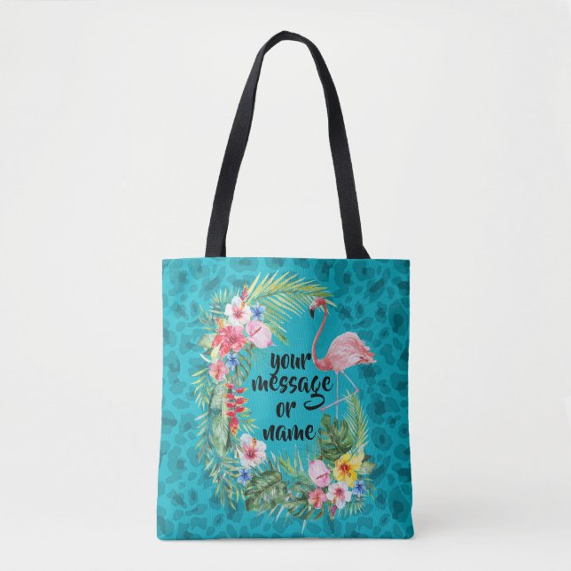 Tote Bag Flamant rose tropical bleu guépard fourre-tout (Devant)