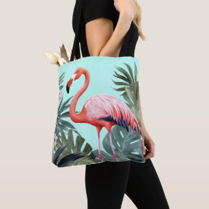 Tote Bag Flamant rose tropical rose et bleu
