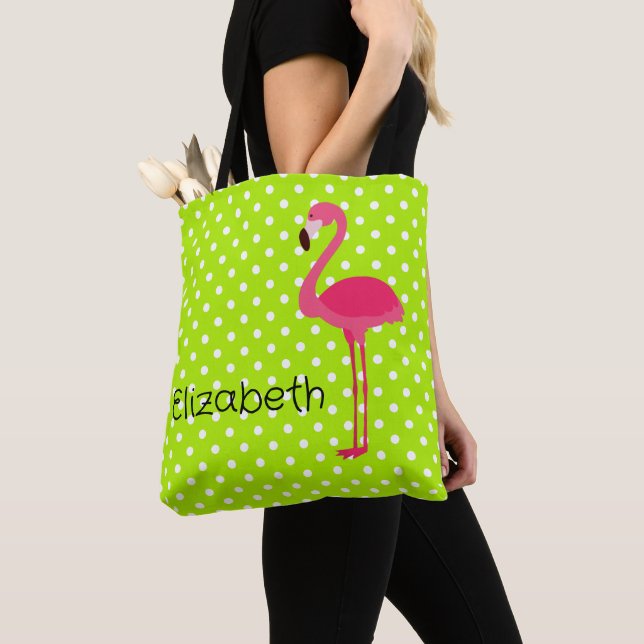 Tote Bag Flamant Rose Tropical sur Points Blancs Verts (De près)