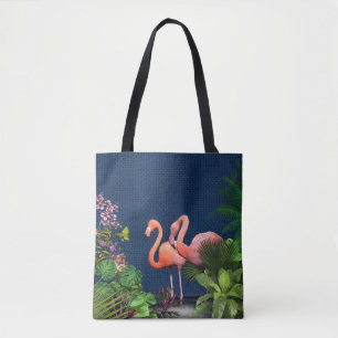 Tote Bag Flamants roses bleus classiques Feuilles verts