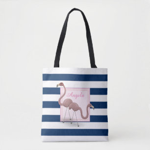 Tote Bag Flamants roses de dessin moderne rayé - Personnali