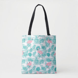 Tote Bag flamants roses, feuilles de palmiers verts, tropic