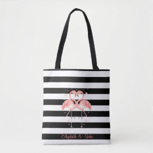 Tote Bag Flamants roses mignons amoureux, rayures noires et