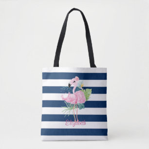 Tote Bag Flamants roses mignonsFeuille tropicale, rayée 