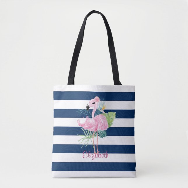 Tote Bag Flamants roses mignonsFeuille tropicale, rayée  (Devant)