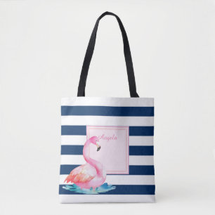 Tote Bag Flamants roses modernes rayés, adorables