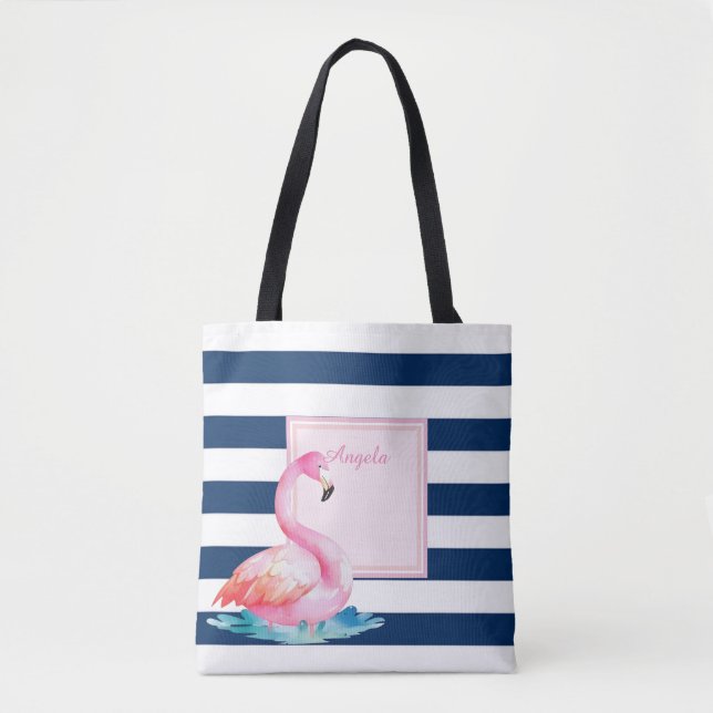 Tote Bag Flamants roses modernes rayés, adorables (Devant)