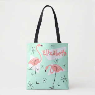 Tote Bag Flamants roses Retro Green Nom sur multi-back