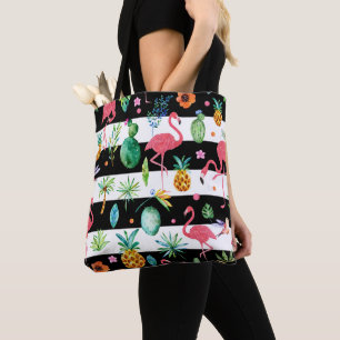 Tote Bag Flamants roses rose Motif tropical et rayures noir