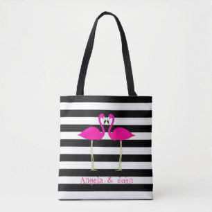 Tote Bag Flamants roses roses, noirs, bandes blanches Perso
