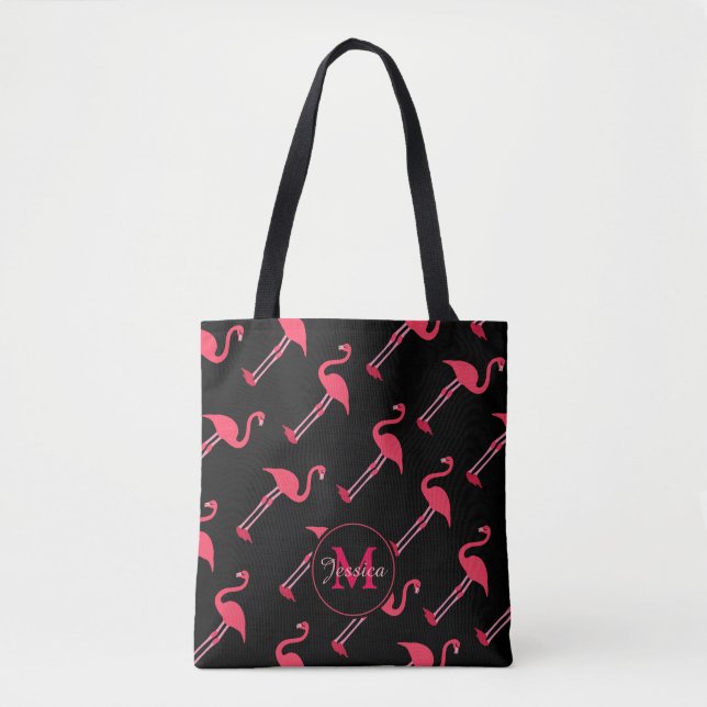 Tote Bag Flamants roses roses sur Noir Personnalisé (Devant)