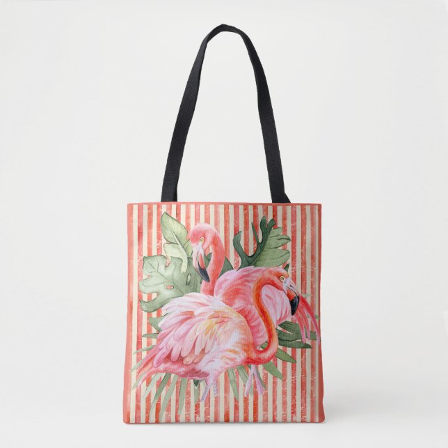 Tote Bag Flamants roses roses Tropical Feuille Coral Stripe (Devant)