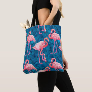 Tote Bag Flamants roses sur feuilles de bananes bleues