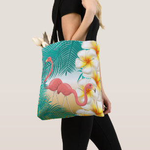 Tote Bag Flamants roses sur une plage tropicale Turquoise