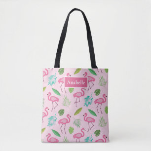 Tote Bag Flamingo rose et monogramme de feuilles tropicaux