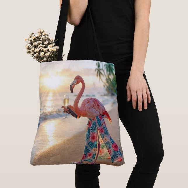 Tote Bag Flamingo With Champagne On a Beach (De près)