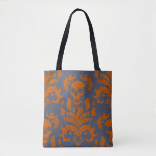Tote Bag Flamme crâne Damas en s'accrochant orange sur gris