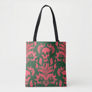 Tote Bag Flamme crâne Damas en s'affrontant rose sur vert f