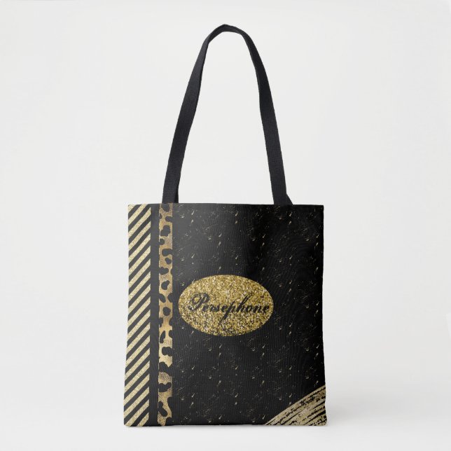 Tote Bag Flamme de glam brillant avec noir et or (Devant)
