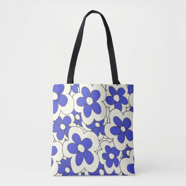 Tote Bag Fleur à main dessinée imprimé bleu blanc (Devant)