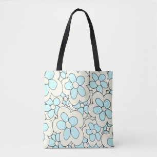 Tote Bag Fleur à main dessinée imprimé bleu blanc