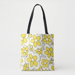 Tote Bag Fleur à main dessinée imprimé jaune blanc