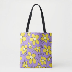Tote Bag Fleur à main dessinée imprimé jaune violet