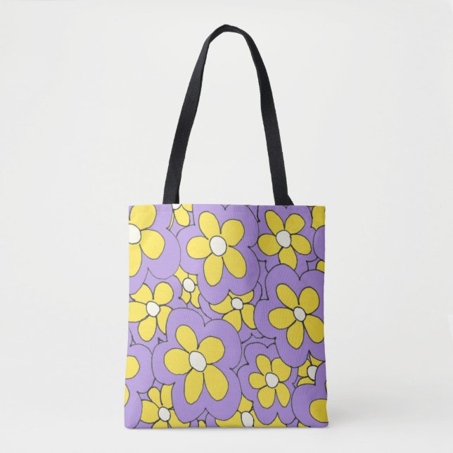 Tote Bag Fleur à main dessinée imprimé jaune violet (Devant)