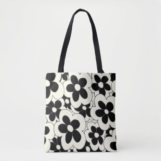 Tote Bag Fleur à main dessinée imprimé noir blanc (Devant)