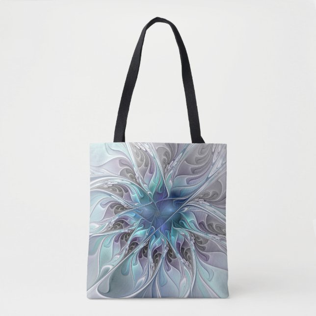 Tote Bag Fleur Abstraite Fractale Moderne Avec Bleu (Devant)